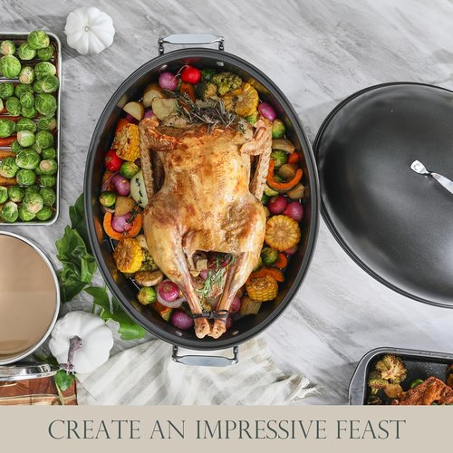 KITESSENSU Extra Large Roasting Pan with Lid - Nonstick Turkey Roaster with Rack - 18.5 x 14.5 In, Heavy Duty Grey