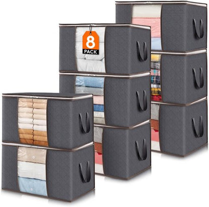 Lifewit 60L Clothes Storage Bins - 8 Pack Foldable Bags with Lids, Clear Window & Reinforced Handles