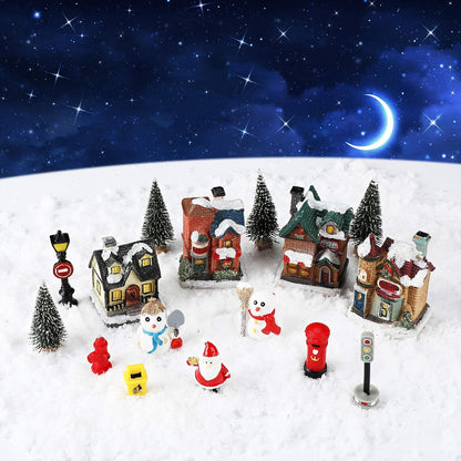 Skiennix 16-Piece Christmas Village Houses Set - LED Light-Up Figurines & Mini Accessories for Festive Decor