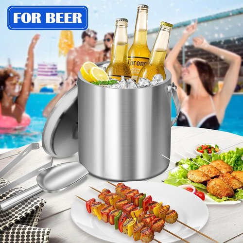 Ice Bucket with Lid & Tong- Well Made Insulated Stainless Steel Keep Ice Frozen Longer - Ideal for Cocktail Bar, Parties, Chilling Wine, Champagne - 2 Liter (Stainless Steel)