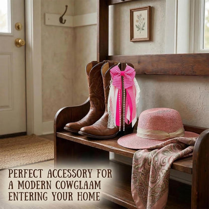 Skiennix Holiday Bow Ribbons - Festive Birthday Accessory Decor | 2 Pink Plaid Cowboy Boot Charms