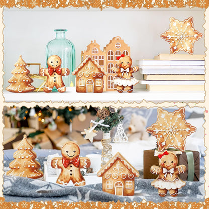 Threehoney Gingerbread Christmas Decorations - 5 Pcs Cute Wooden Table Centerpieces for Home & Office
