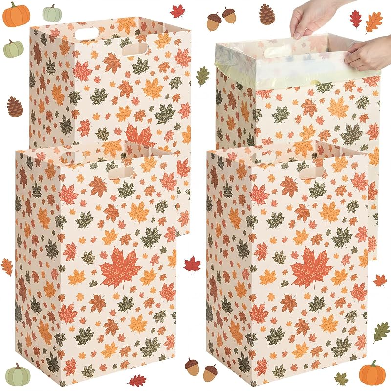 Fall 13 Gallon Disposable Trash Cans with 8 Bags – 4 Pack, Maple Leaf Design (Variation: Fall)