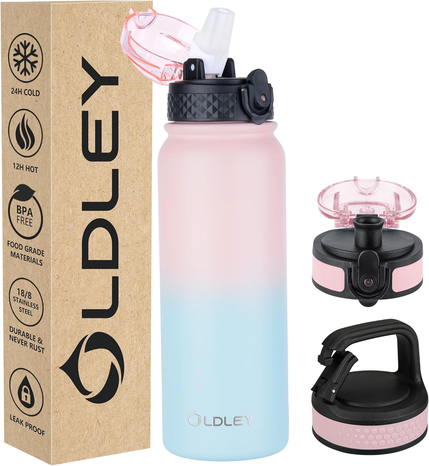 Oldley Insulated Water Bottle - 20oz Stainless Steel Bottle with 3 Lids & Straw | Double Wall Vacuum - Light Pink-Blue