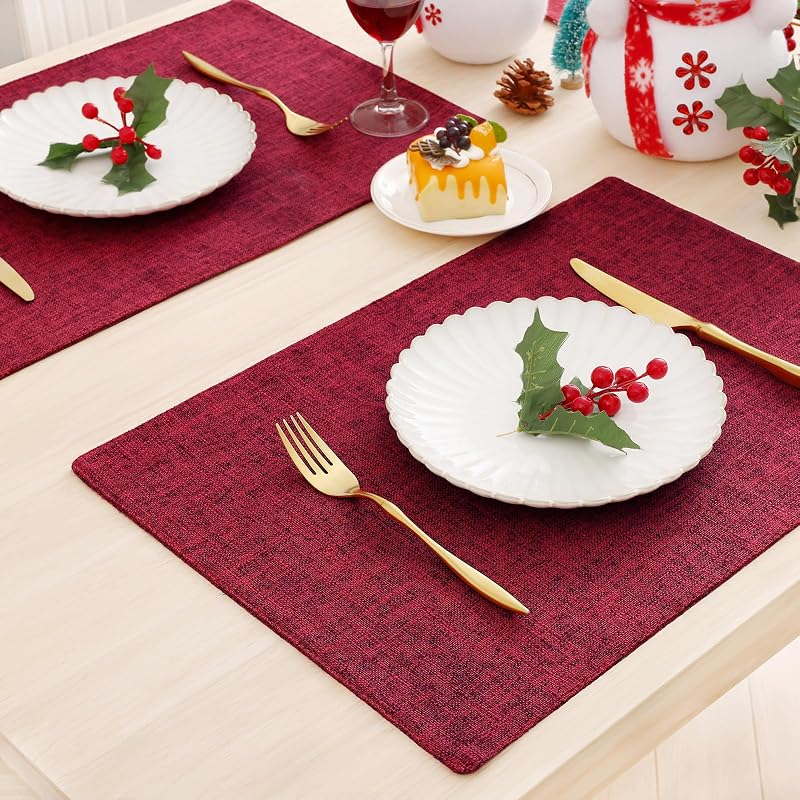Red 6-Piece Faux Linen Placemats Set 13x19 inches – Heatproof, Easy Care
