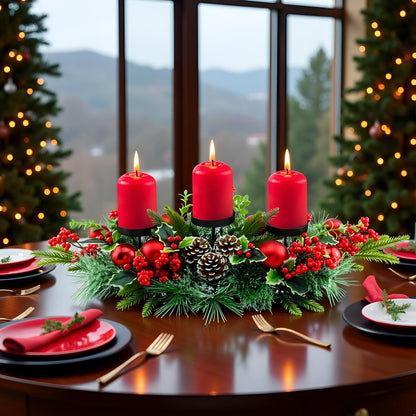 YULETIME Christmas Triple Candelabrum - Holiday Candle Holder with Red Baubles & Natural Pine Decor