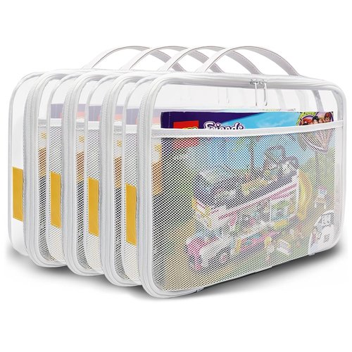 Holay PVC Zippered Blocks Set - 4 Pack Toy & Clay Storage Organizer Case | Large White with Name Tag & Manual Pocket