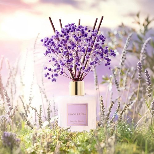 Cocorrína Reed Diffuser - Lavender Garden 6.7 Fl. Oz Set with Sticks & Preserved Baby's Breath | Home Decor
