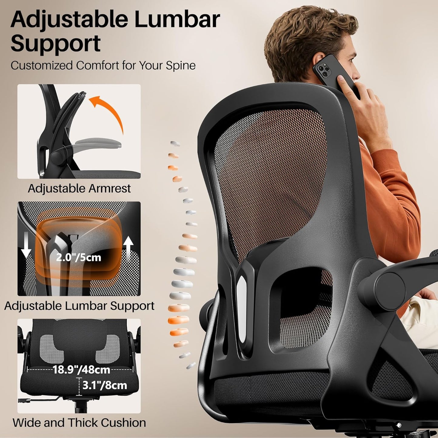 Skiennix Ergonomic Office Chair - Adjustable Lumbar Support & Flip-Up Armrests | Black Mesh Design