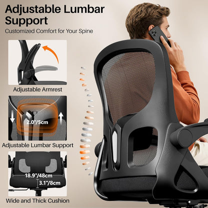 Skiennix Ergonomic Office Chair - Adjustable Lumbar Support & Flip-Up Armrests | Black Mesh Design