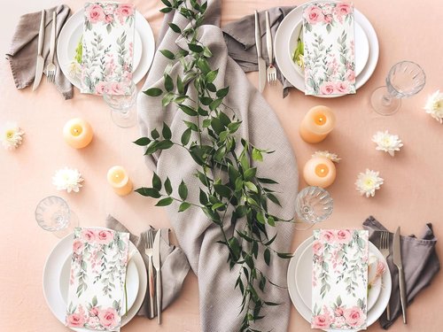 FYSUIMU Floral Guest Napkins - 100 Pcs Greenery Design with Spring Roses & Eucalyptus | Disposable Paper Towels for Weddings & Parties