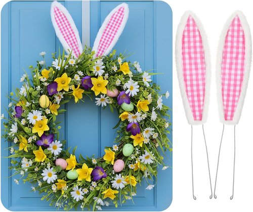 10 Inch Easter Bunny Ears Set with Wire Ties Plush Wreath Decoration Bunny Ears Decoration Accessories Bendable for Easter Wreath Accessories (White，Plaid)