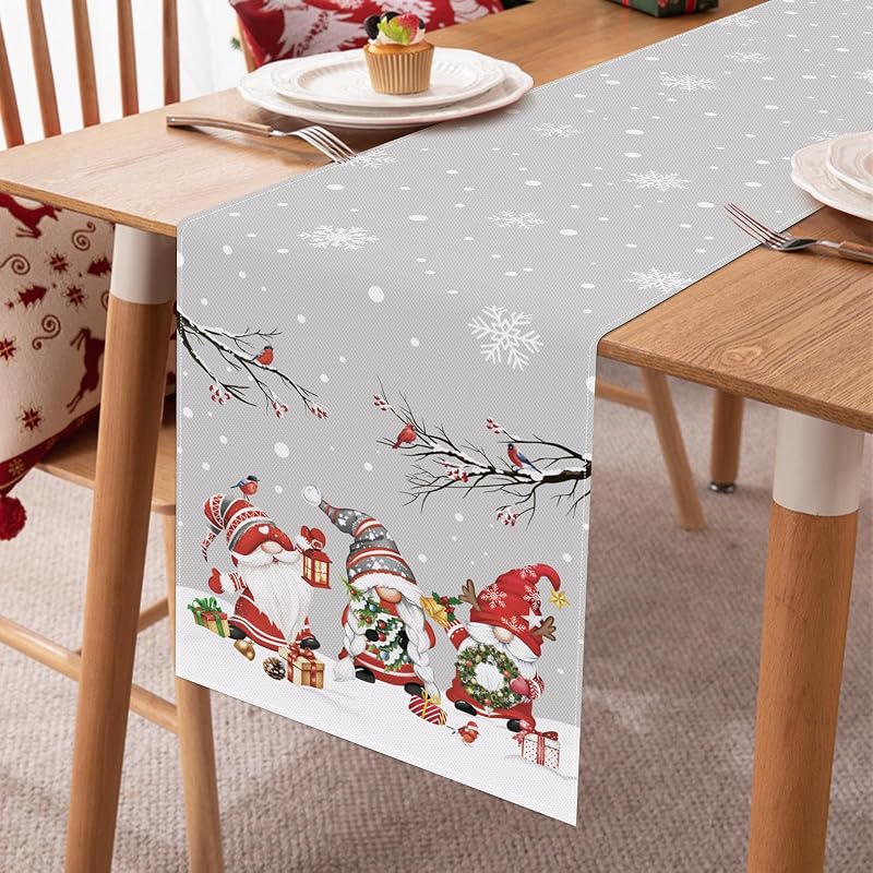 Grey Christmas Gnome Table Runner 13x72 in with Snowflakes, Birds & Branches – Bonhause