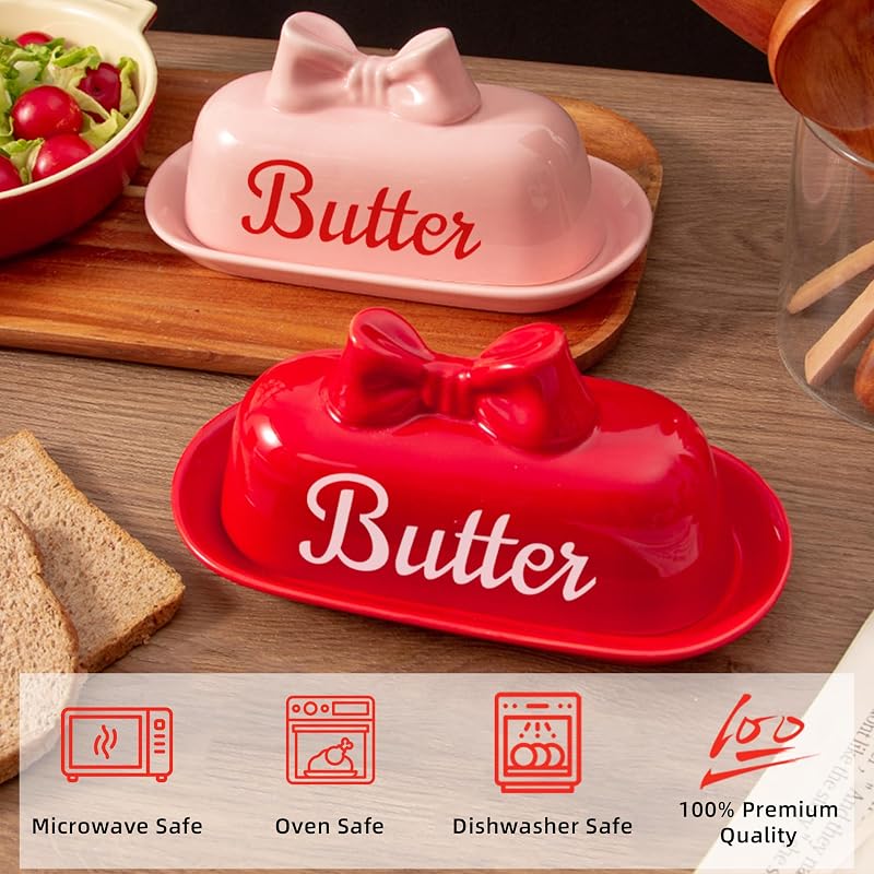 Red Bow Butter Dish - Ceramic Butter Container for Refrigerator (Variation: red bow+Standard)