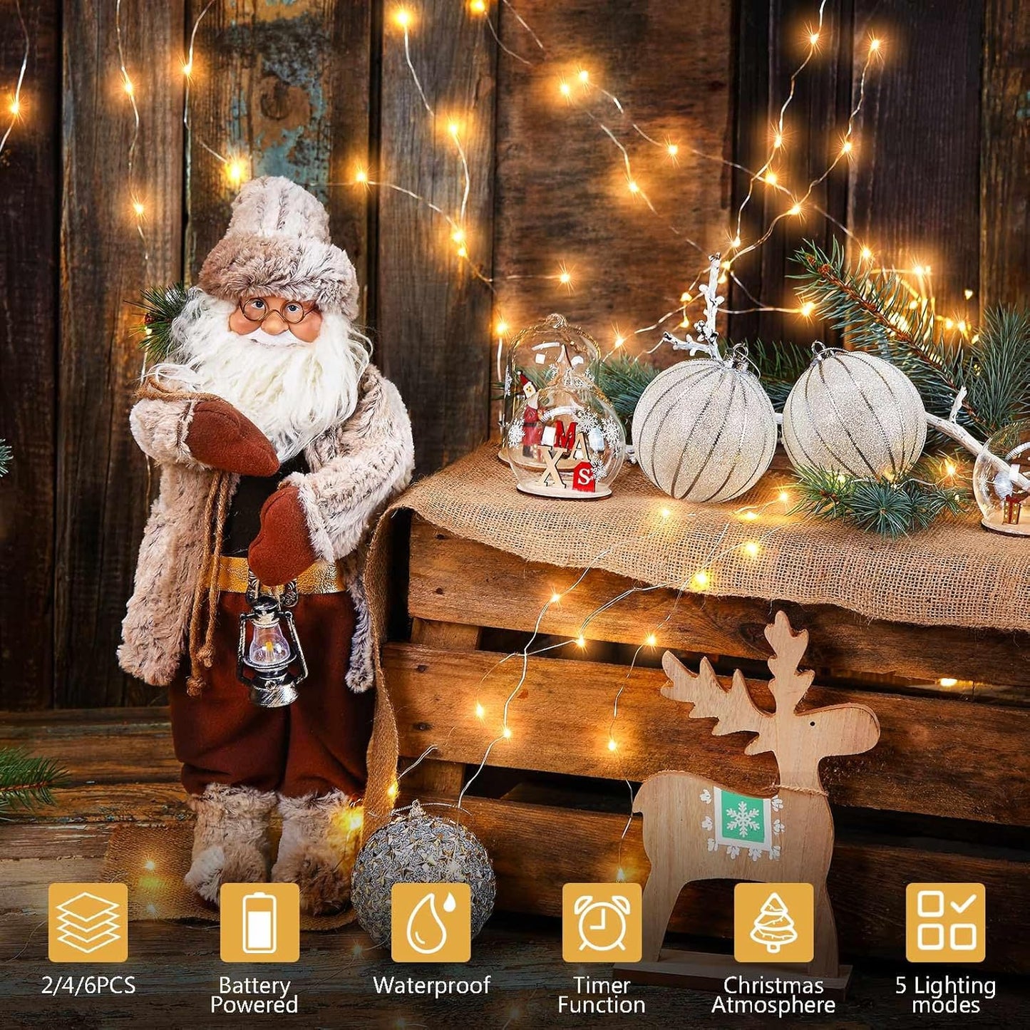 Timer Fairy Lights - 50 LEDs 16.4Ft Silver Copper Wire String Lights | Battery Operated with 5 Lighting Modes for Christmas & Weddings