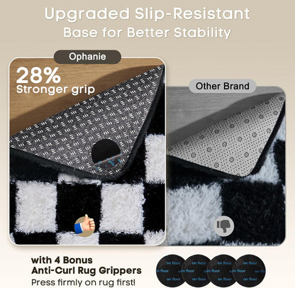 Ophanie Checkered Black & White Area Rug - Fluffy Soft Shaggy Carpet for Living Room & Bedroom | 4x6 Furry Decor