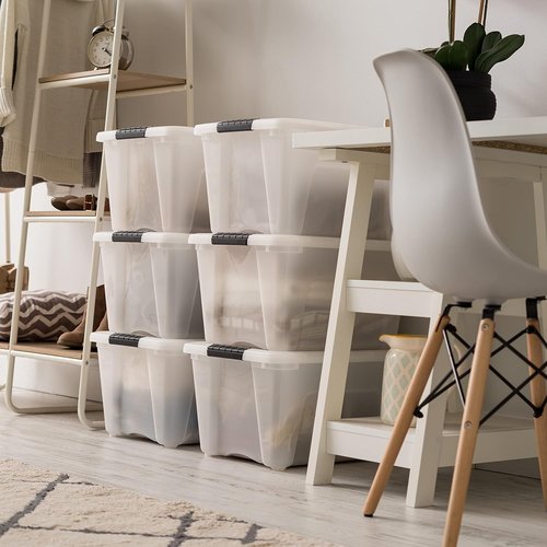 IRIS USA 32 Qt Stackable Plastic Storage Bins - BPA-Free, Durable Lids, 6 Pack - Pearl Color