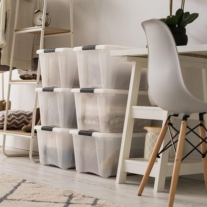 IRIS USA 32 Qt Stackable Plastic Storage Bins - BPA-Free, Durable Lids, 6 Pack - Pearl Color