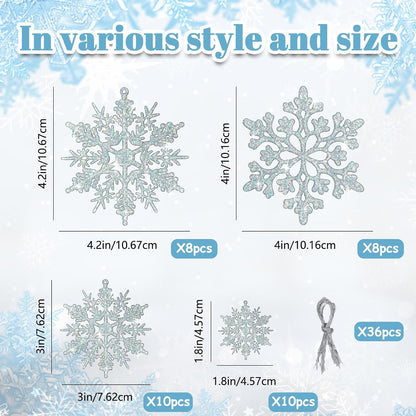 Skiennix 36-Piece Iridescent Silver Christmas Snowflake Ornaments - Sparkling Glitter Decor for Winter Wonderland Parties