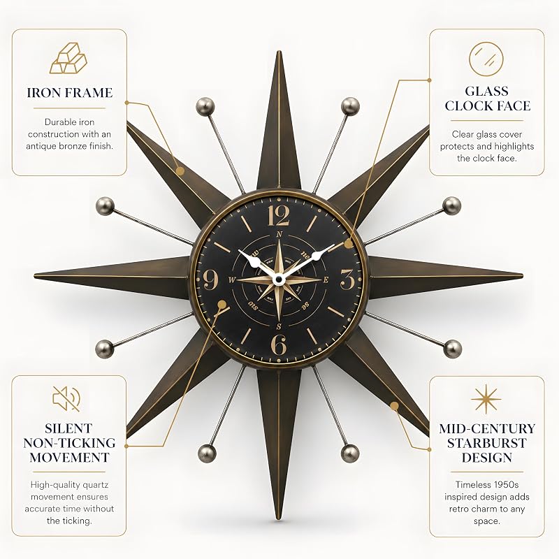 Mid-Century Starburst Wall Clock - 23.4-Inch Bronze & Silver Trim