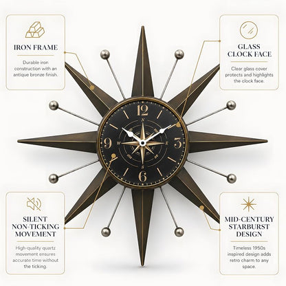 Mid-Century Starburst Wall Clock - 23.4-Inch Bronze & Silver Trim