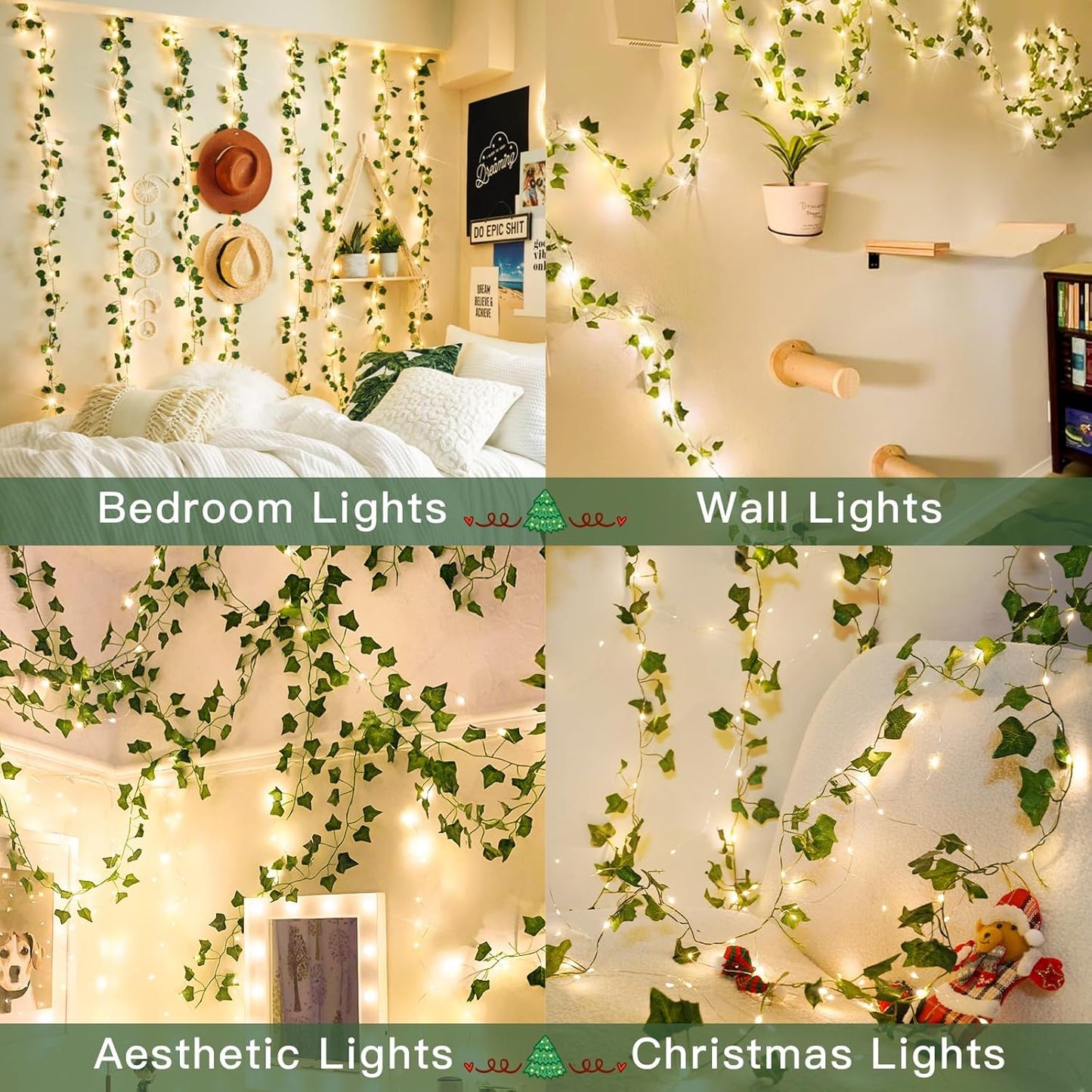 Suddus Ivy String Lights - 33ft 100 LED Battery Operated Fairy Lights with Remote | Warm White Decor for Bedroom, Garden, Party, Wedding