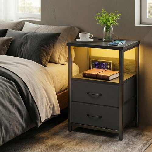Fixwal Night Stand - LED Nightstand with Charging Station & USB Ports, Modern Black with 2 Drawers