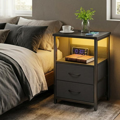 Fixwal Night Stand - LED Nightstand with Charging Station & USB Ports, Modern Black with 2 Drawers