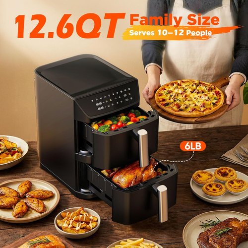 Dual Basket Air Fryer - 12.6QT Family Size for 10-12 People | XL Basket for 6LB Chicken, 10-in-1 Functions, Dishwasher Safe, Black