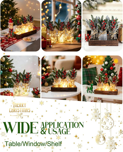 Skiennix Christmas Mason Jars Set - Decorative Tiered Tray with Wood Tray & Artificial Flowers for Holiday Home Decor