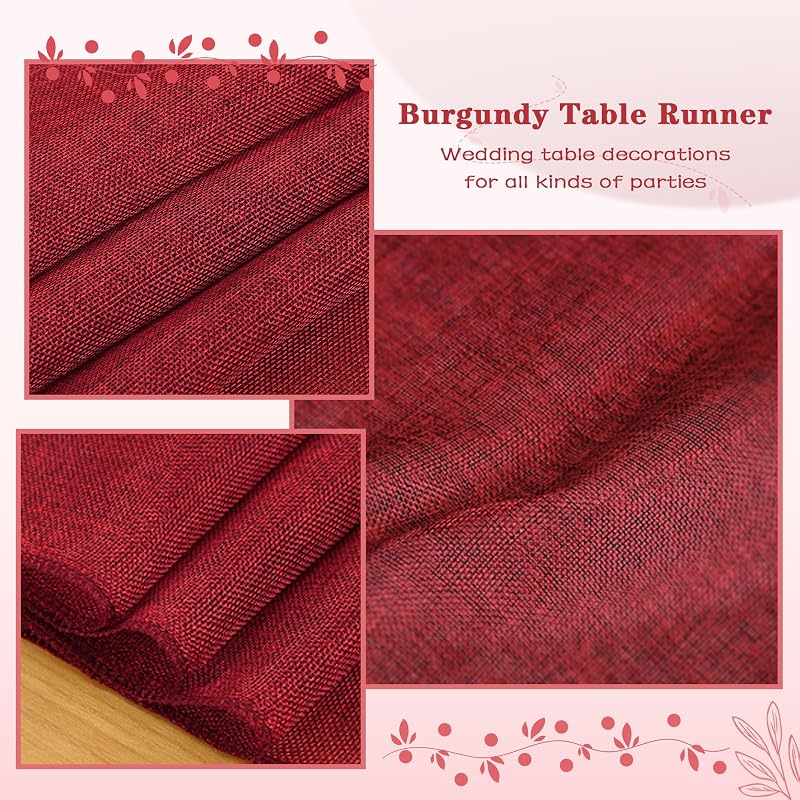 6 Pack Burgundy Burlap Table Runners 13x84 Inch - Farmhouse Dining Décor, 6 Pieces