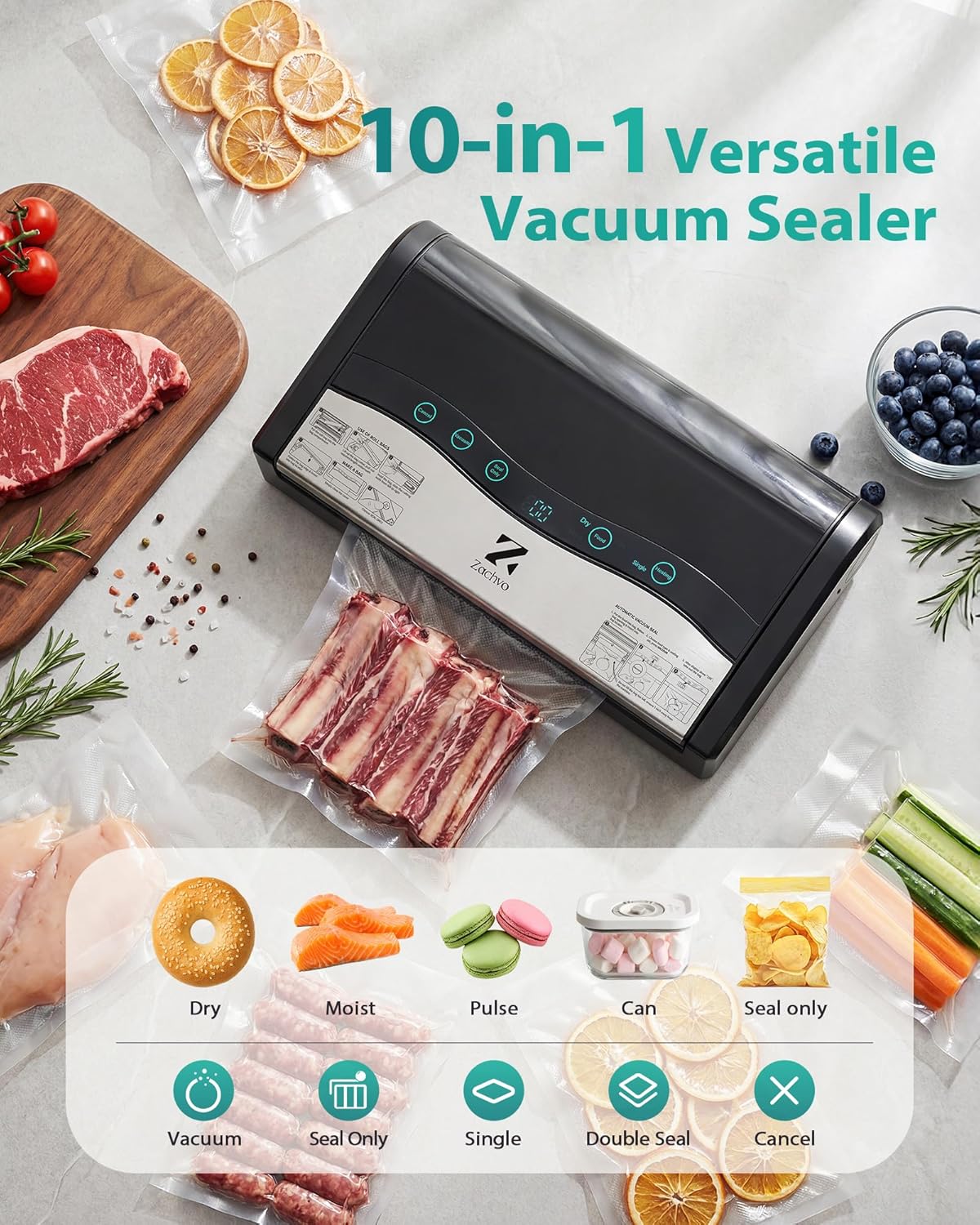 Skiennix Vacuum Sealer Machine - Automatic Food Sealer with Double Heat Seal, Black | Starter Kit Included