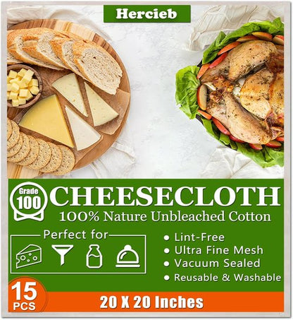 Grade 100 Cheese Cloths by [Brand Name] - 15 Pcs 20x20 Inch Unbleached Cotton for Straining & Juicing