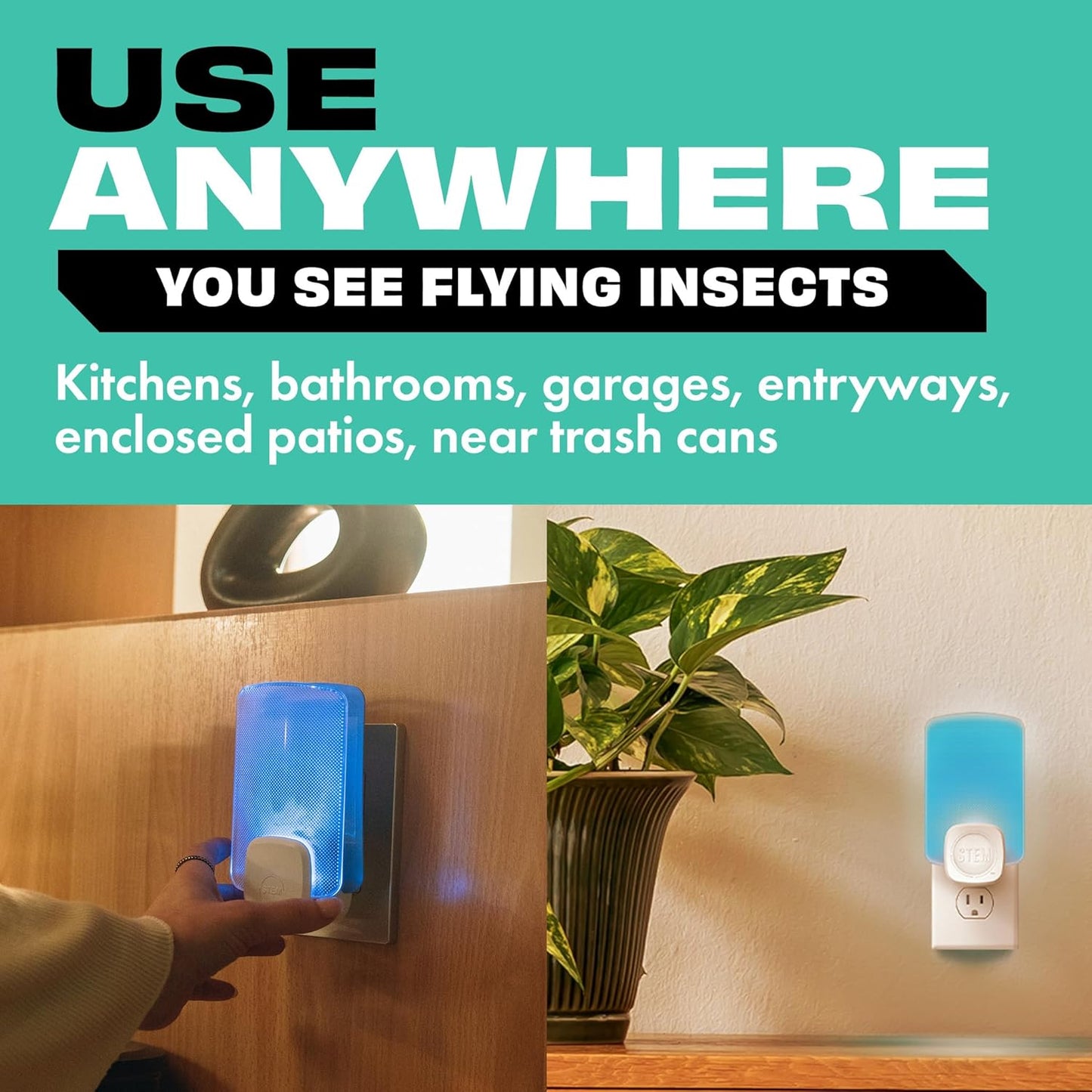 STEM Flying Insect Trap - Indoor Fruit Fly & Gnat Catcher for Home, Kitchen & Any Room, Attracts & Traps Bugs, Soft Blue UV Light - Includes 2 Plug-in Devices & 4 Cartridges