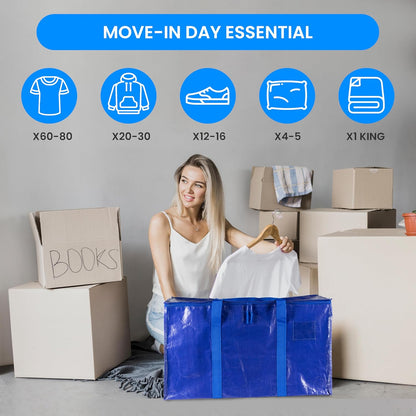 Simple Deluxe Heavy Duty Moving Bags - Extra Large Storage Totes with Lids & Zipper | Blue 4-Pack