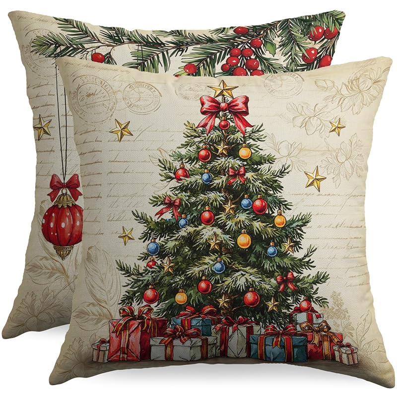 Vintage Christmas Tree Pillow Covers 18x18 Inches - Set of 2, Red & Green