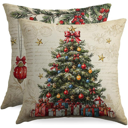 Vintage Christmas Tree Pillow Covers 18x18 Inches - Set of 2, Red & Green