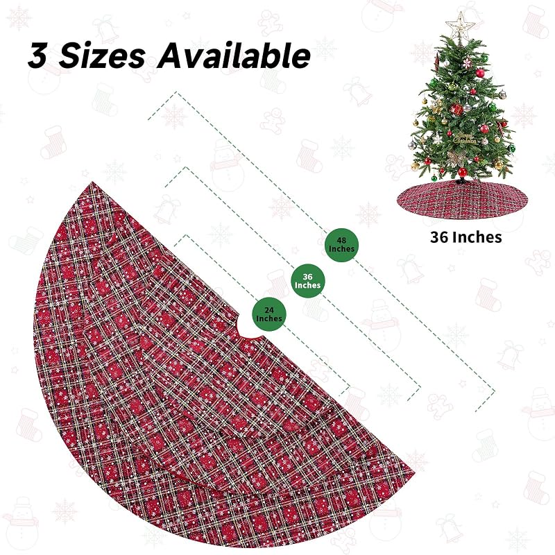 Christmas Plaid Tree Skirt 36-Inch Red & Green Buffalo Check with Snowflakes – Includes Variation Red/Green+36 Inches