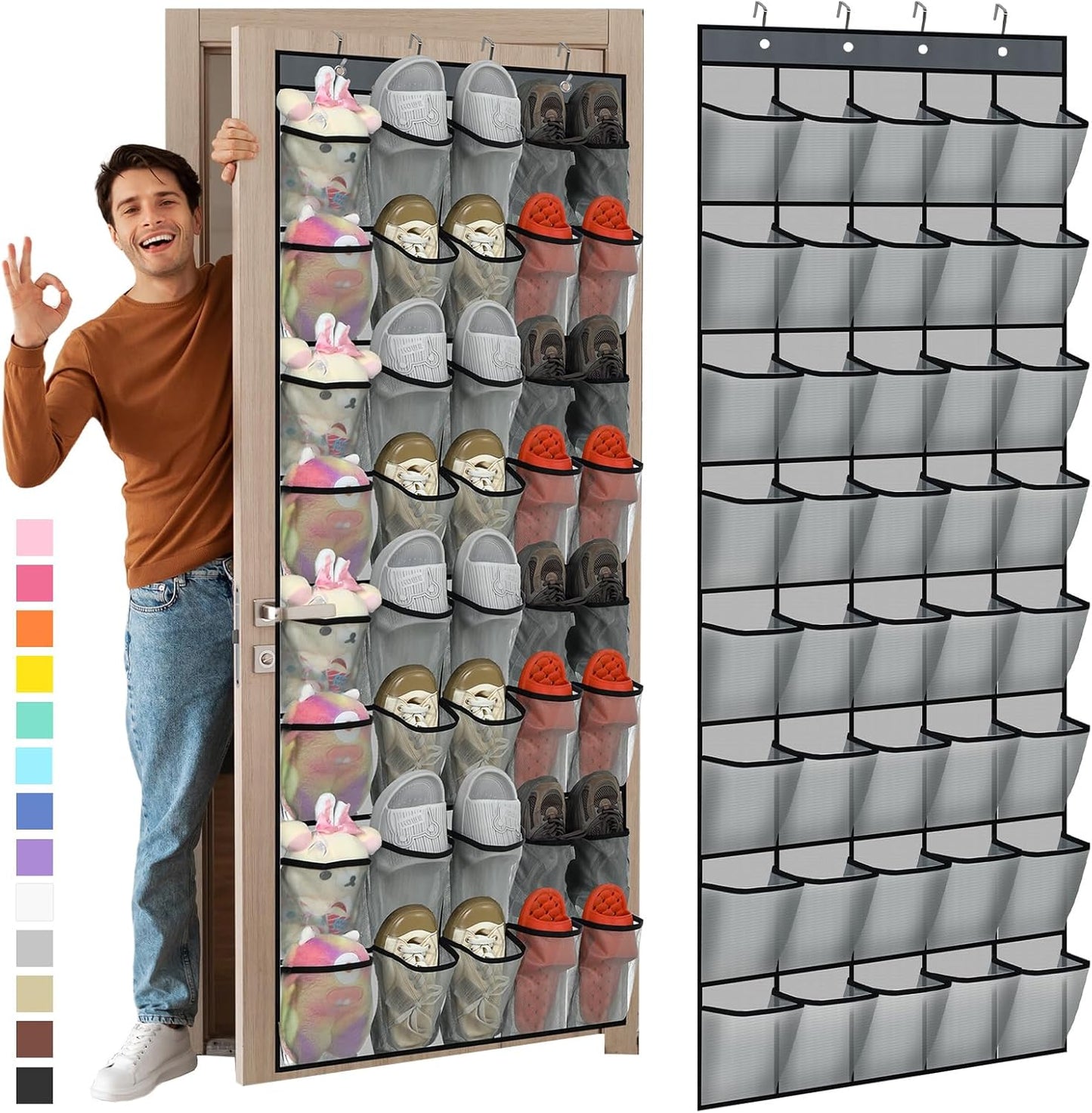 Windyun Over The Door Shoe Organizer - Large Capacity Gray Mesh Pocket Rack for Dorm, Closet & Entryway