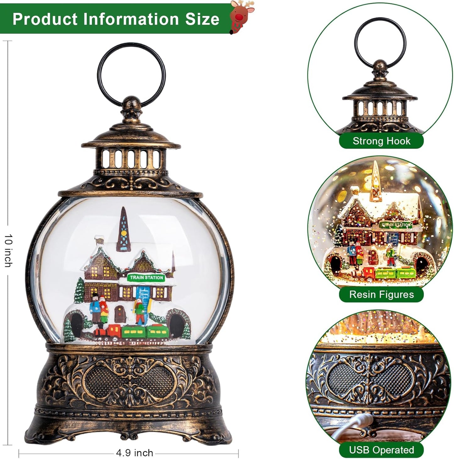Regine Switzerland Christmas Snow Globe - Musical Water Lantern with 6-Hour Timer & USB/Battery Operated | Festive Holiday Decor
