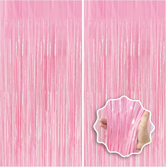 Skiennix Pastel Pink Birthday Party Backdrop - Foil Fringe Curtain 3.3x8.2ft | 2 Pack Streamers for Baby Showers & Bachelorette Parties