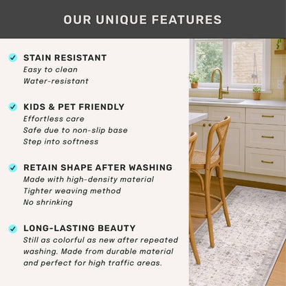 Hazo Haus Boho 3x16 Wide Hallway Runner - Light Gray and Taupe, Washable Low Pile Non Slip Stain Resistant 16ft Runner Rug for Long Kitchen, Hall Way, Floral Decor