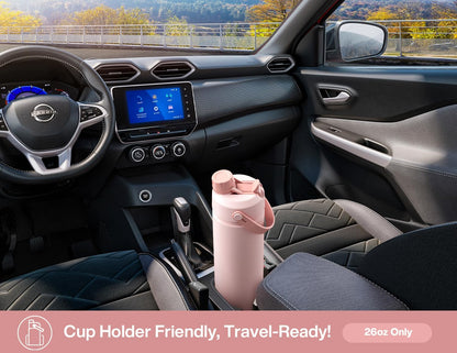 POWCAN Insulated Water Bottle - 26 oz Stainless Steel with 2-in-1 Straw & Spout Lid | Leak-Proof, Keeps Cold 24H, Fits Car Cup Holder (Rosy Bouquet)