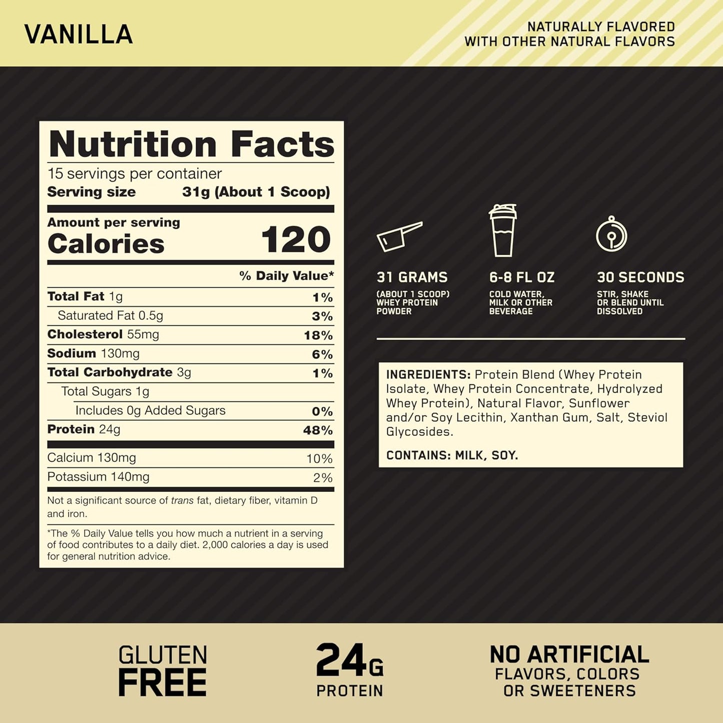 Optimum Nutrition Gold Standard Whey Protein Powder - Naturally Flavored Vanilla, 15 Servings