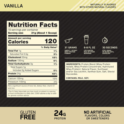 Optimum Nutrition Gold Standard Whey Protein Powder - Naturally Flavored Vanilla, 15 Servings