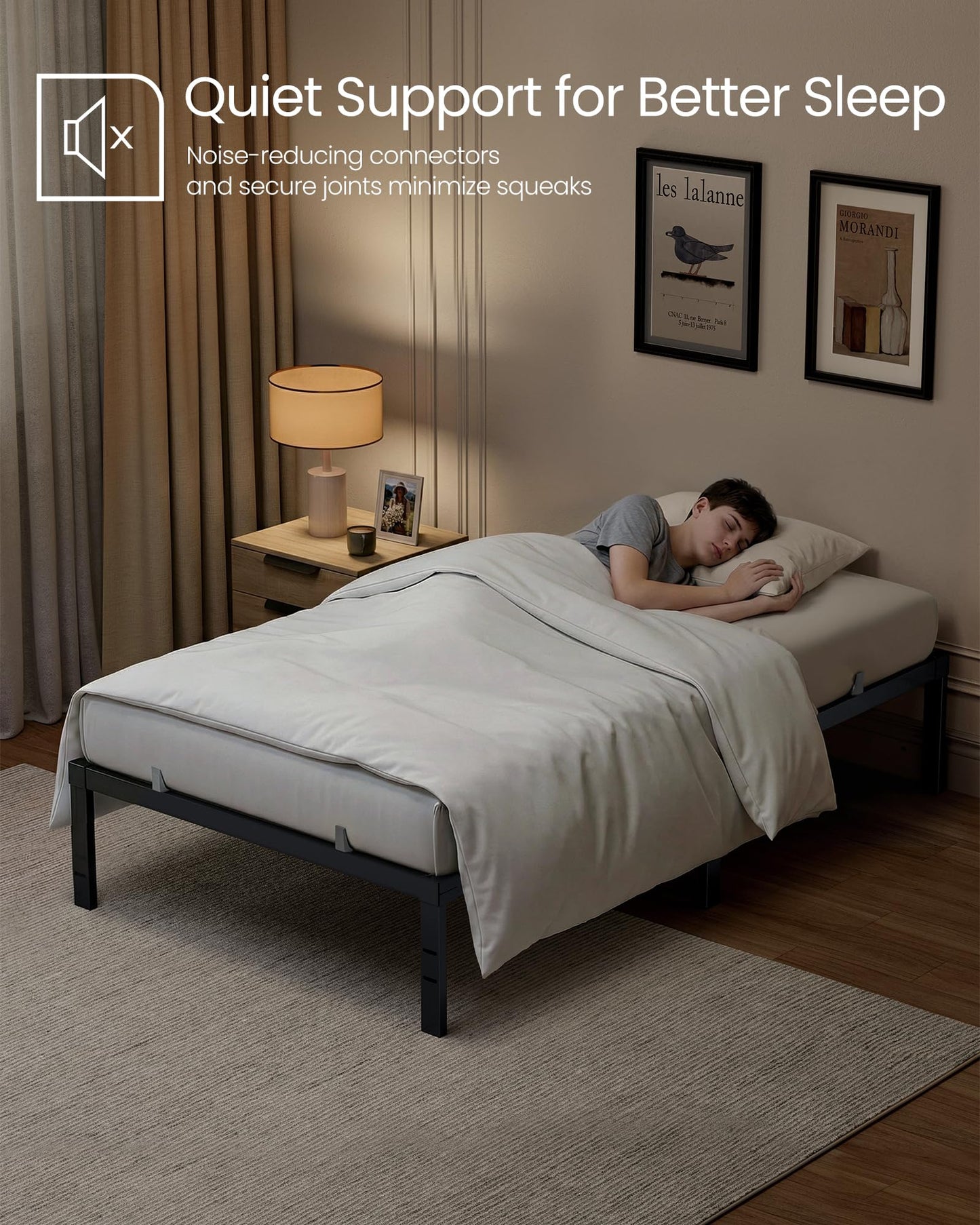 VASAGLE Twin Metal Bed Frame 14 Inches Tall, 550 lb Weight Capacity, No Box Spring Needed, with Under-Bed Storage, Easy Setup, Heavy-Duty Platform Bed, Mattress Retainers, Matte Black URMB653BD02S