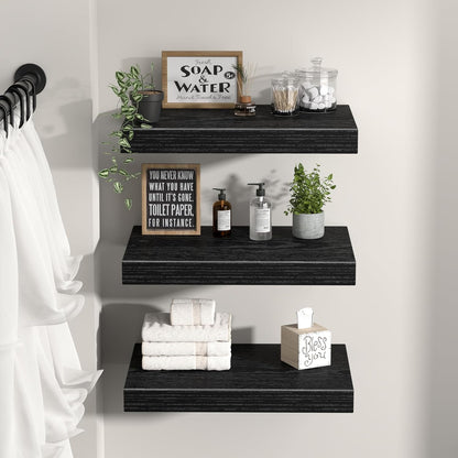 QEEIG 10" Deep Floating Shelves - Set of 3 Black Wall-Mounted Bookshelves for Bathroom, Bedroom & Kitchen