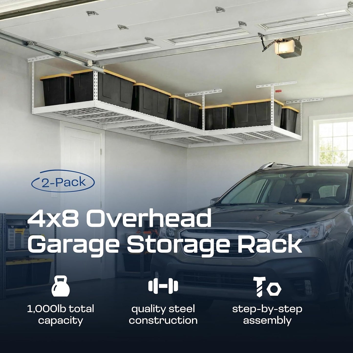 MonsterRax Overhead Garage Storage Rack - Adjustable Ceiling Shelving | 2-Pack, White, 24"-45" Height
