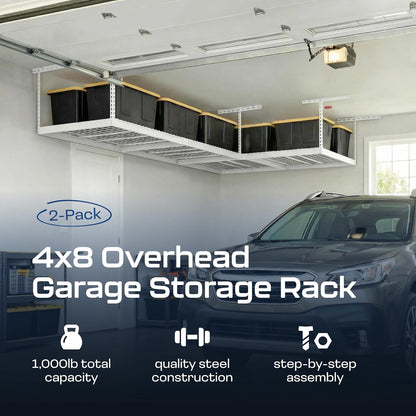 MonsterRax Overhead Garage Storage Rack - Adjustable Ceiling Shelving | 2-Pack, White, 24"-45" Height