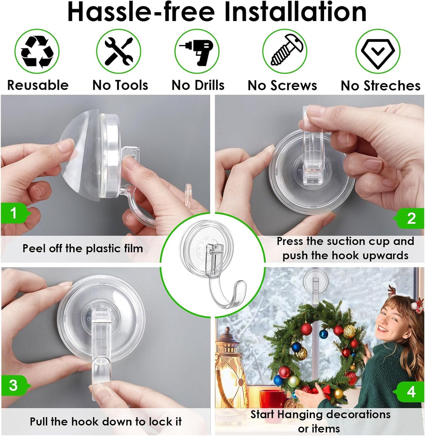 Clear Wreath Hanger - 22 LB Strong Suction Cup Hooks for Fall & Christmas Decor | 2 Pack